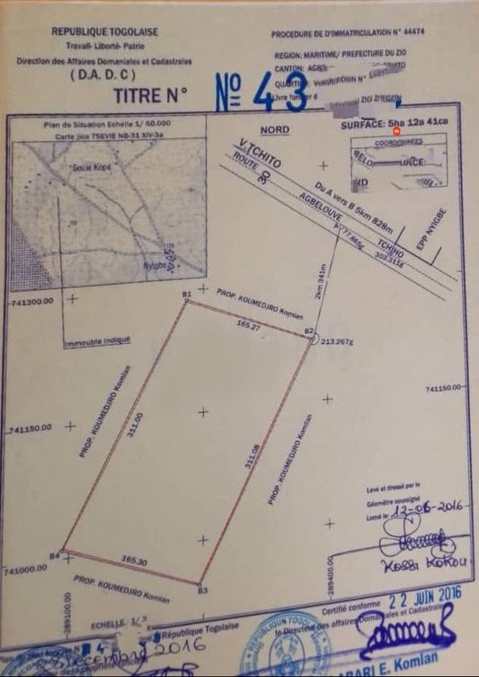 Terrain de 33 hectares 43 ares 88 centiares en vente à Agbelouve Tchito – 3,5 millions FCFA l'unité