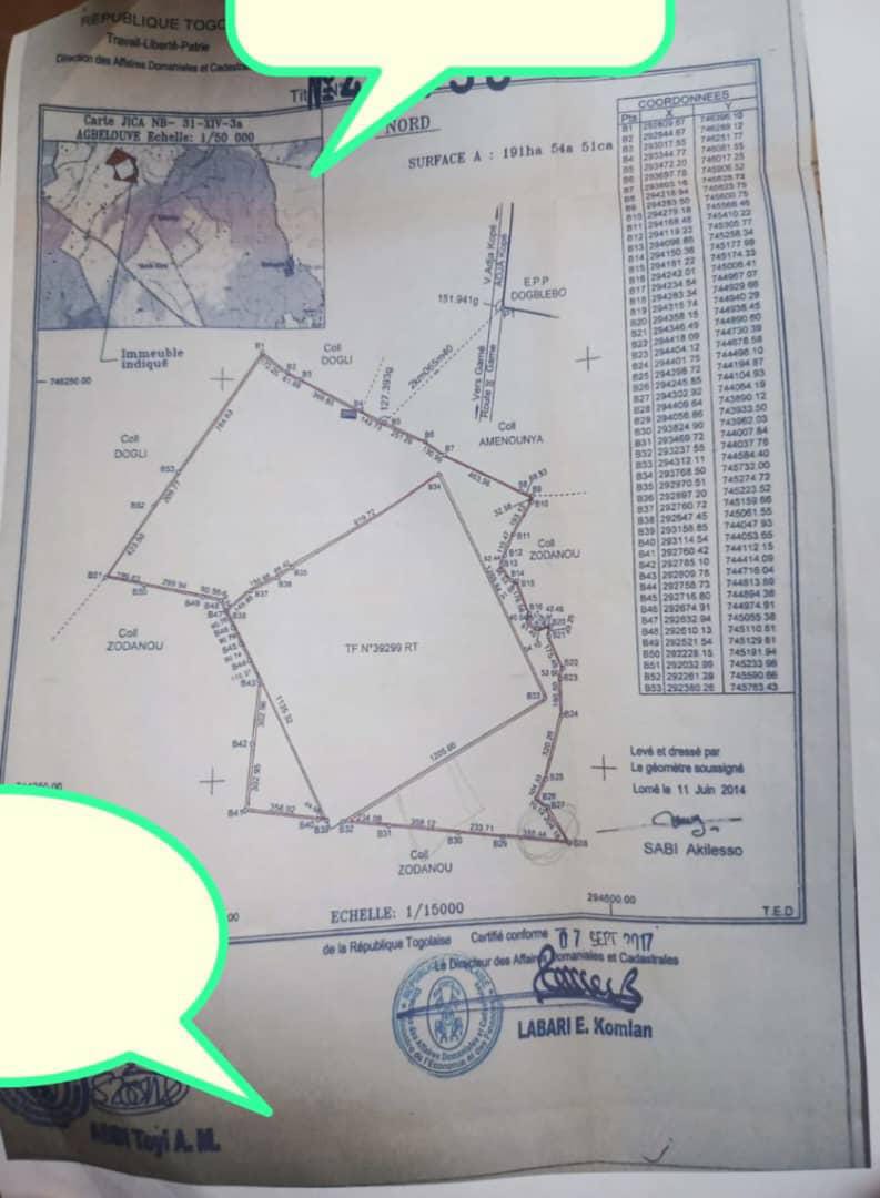 Terrain de 1146000 m² en vente à Agbelouvé – 3500000 FCFA l'hectare
