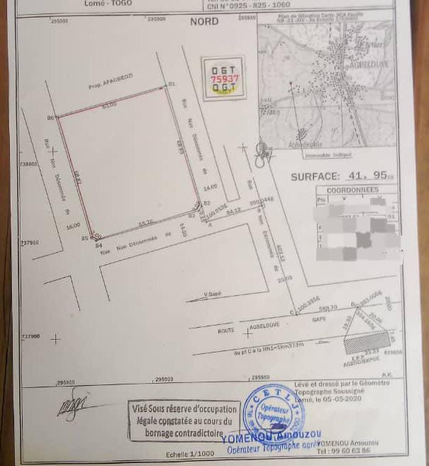 Terrain de 4200 m² en vente à Agbelouvé – 2,8 millions FCFA l'unité