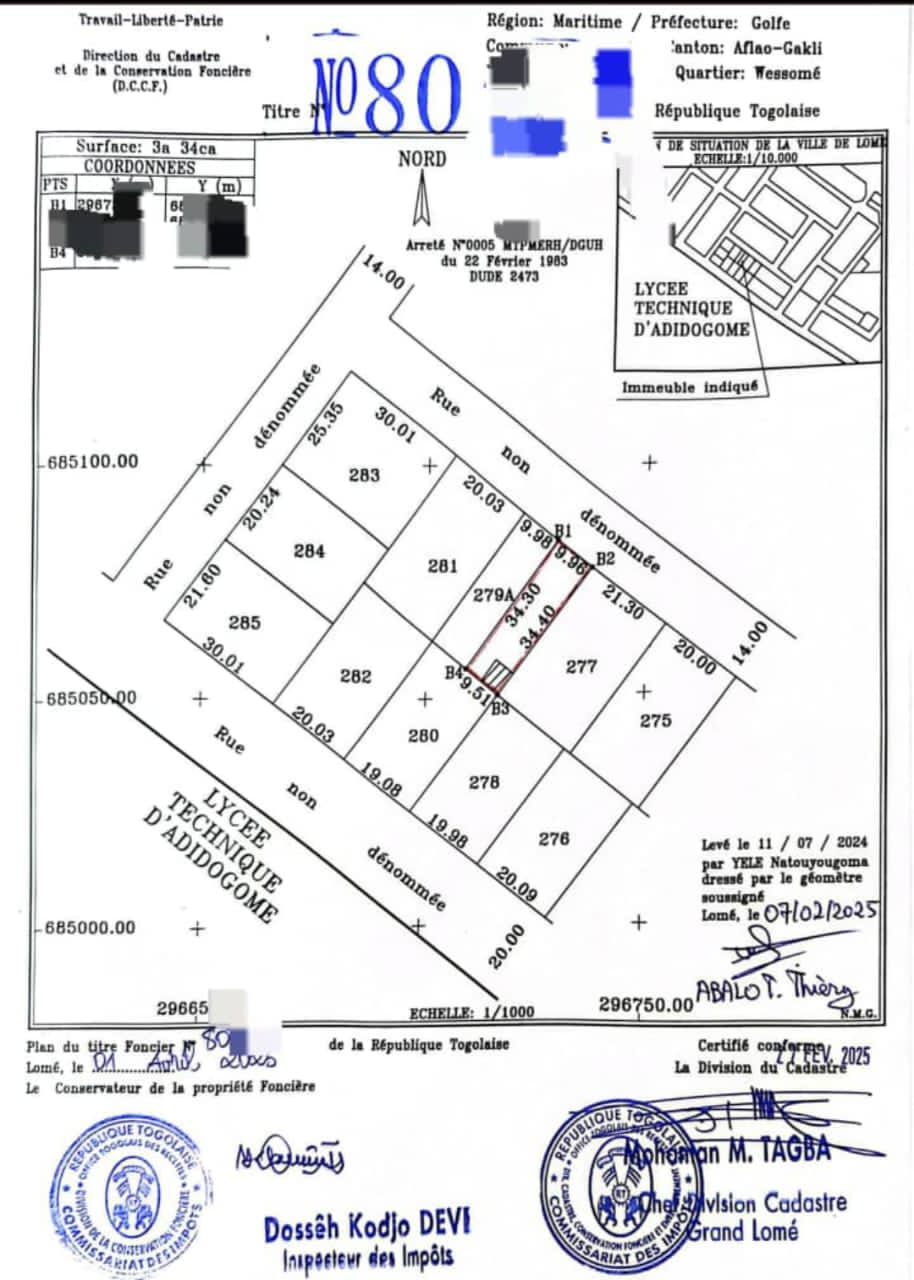 Terrain à vendre à Adidogomé – 25 Millions FCFA