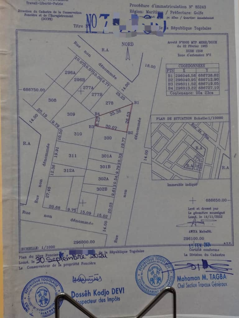 Terrain 1 lot en vente à Adidogomé Amadahomé – 28 millions FCFA