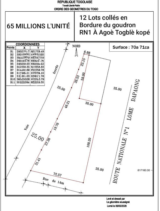 Terrain à vendre en angle de rue et bordure de goudron à Togblekopé – 65 millions FCFA l'unité