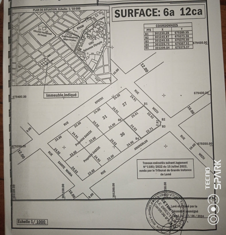 Terrain de 612 m² en angle de rue à vendre à Tokoin Protestant – 85 millions FCFA