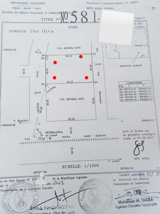 4 lots en vente à Zanguera-Aképé – 20 millions FCFA le lot