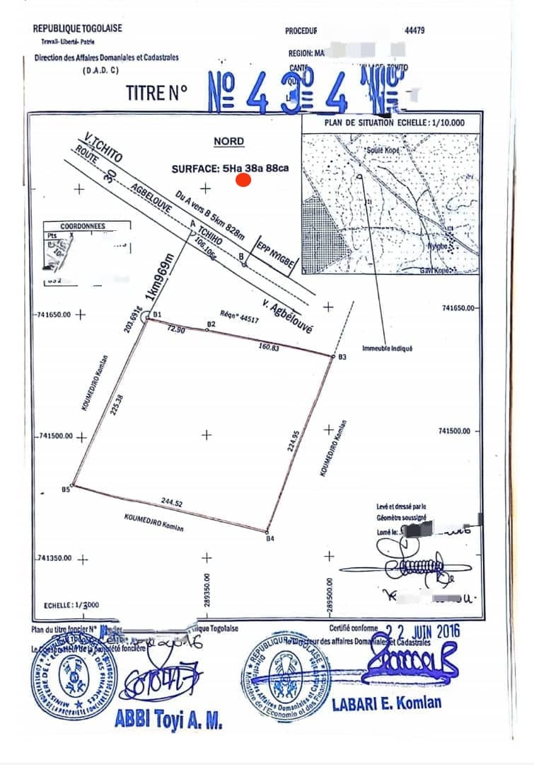 Terrain de 33 hectares 43 ares 88 centiares en vente à Agbelouve Tchito – 3,5 millions FCFA l'unité
