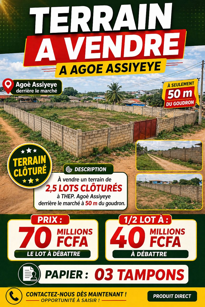 Terrain de 1500 m² en vente à Agoè Assiyeyé – 70 millions FCFA