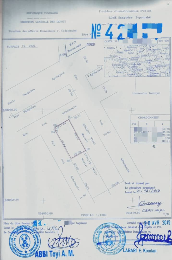 Terrain de 798 m² en vente en angle de rue à Zossimé Zopomahe - 30 millions FCFA