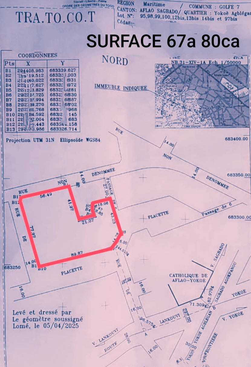 Terrain de 6600 m² en vente en angle de rue à Adidogomé Yokoe Agblégan – 25 millions FCFA l'unité