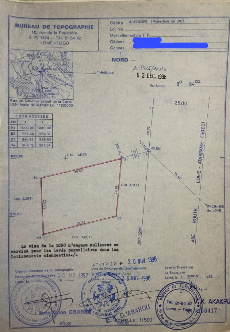 Terrain de 864 m² en vente à Adetikopé – 55 millions FCFA