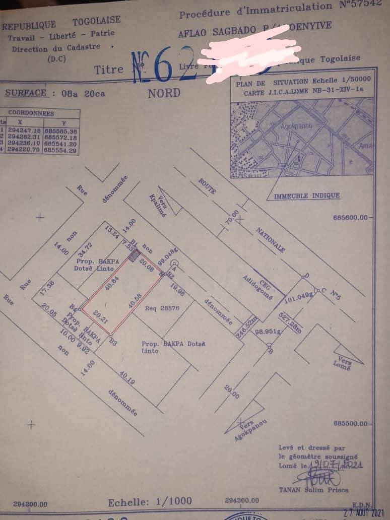 Terrain à vendre à Adidogomé – 47 Millions FCFA