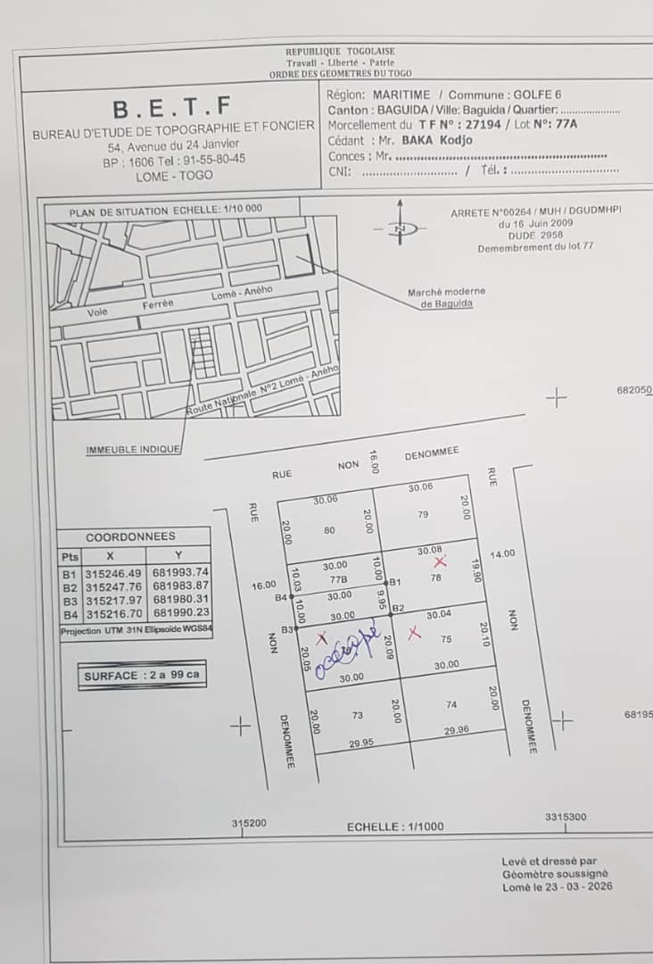 Terrain de 1200 m² en vente à Baguida – 50 millions FCFA le lot
