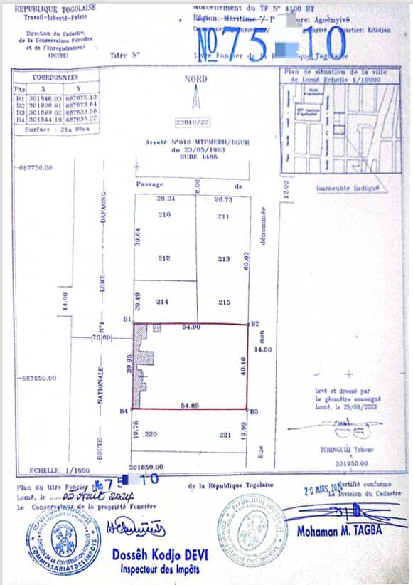 Terrain de 1050 m² en vente à Agoè en bordure du goudron RN1 – 240 millions FCFA