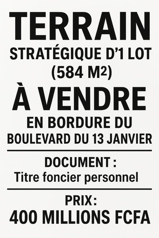 TERRAIN STRATÉGIQUE D'1 LOT (584M²) À VENDRE EN BORDURE DU BOULEVARD DU 13 JANVIER