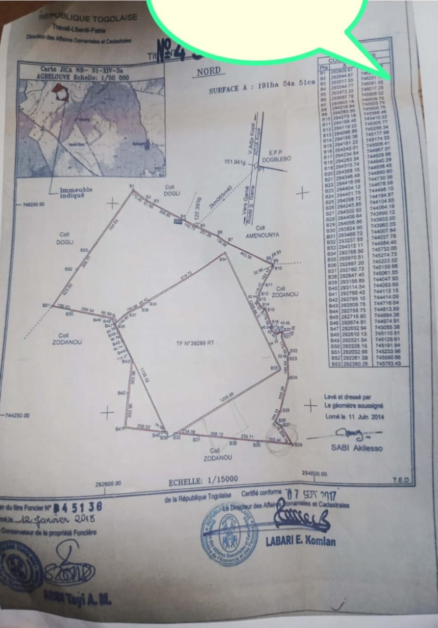 Terrain de 50 hectares en vente à Agbelouve – 3,5 millions FCFA