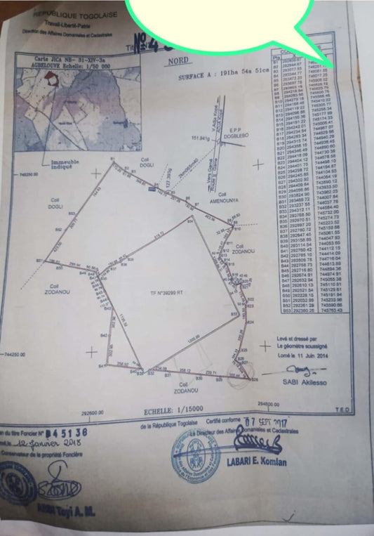 Terrain de 50 hectares en vente à Agbelouve – 3,5 millions FCFA