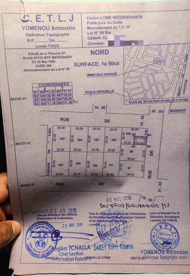 Terrain 1/4 de lot en vente à Hedjranawoé – 20 millions FCFA