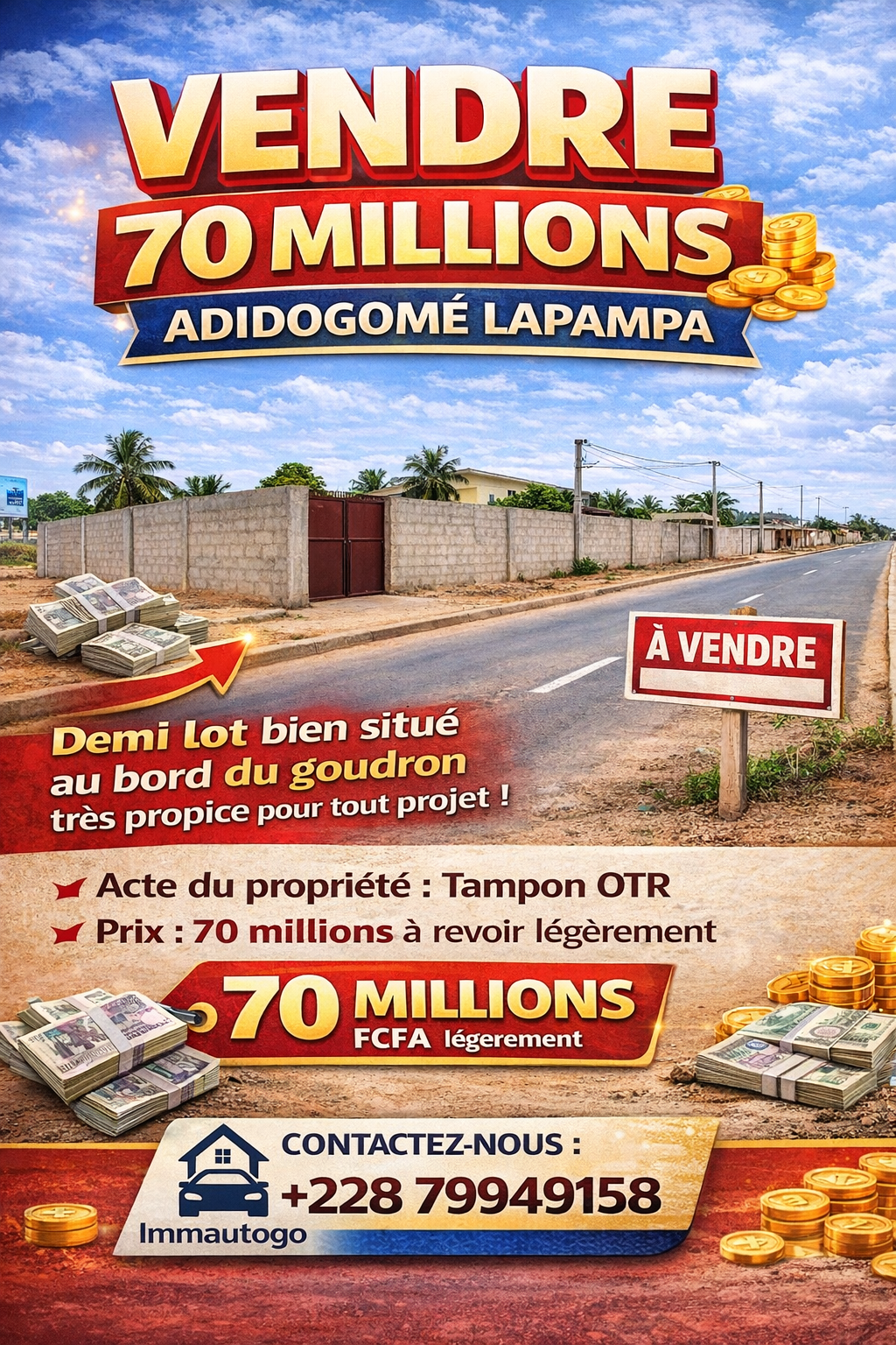 TERRAIN A VENDRE 70 Milllions ADIDOGOMÉ LAPAMPA