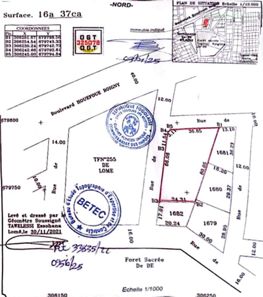 Terrain de 1637 m² à vendre en angle de rue à Akodésséwa – 80 millions FCFA le lot