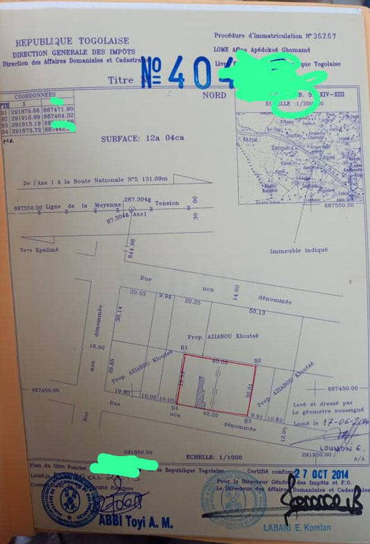 Terrain de 1200 m² en vente à Adidogomé Gbomamé – 30 millions FCFA le lot