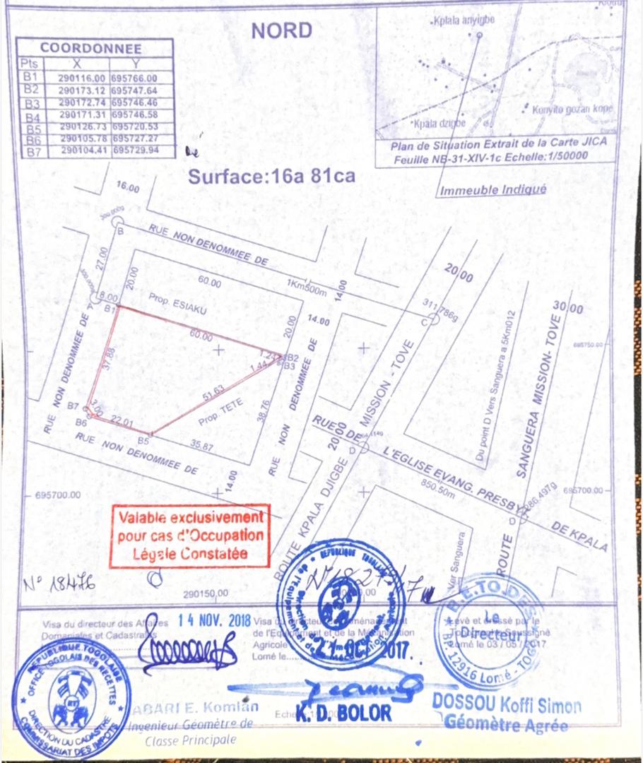 Terrain de 1681 m² en vente en angle de rue à Kpala – 13 millions FCFA le lot