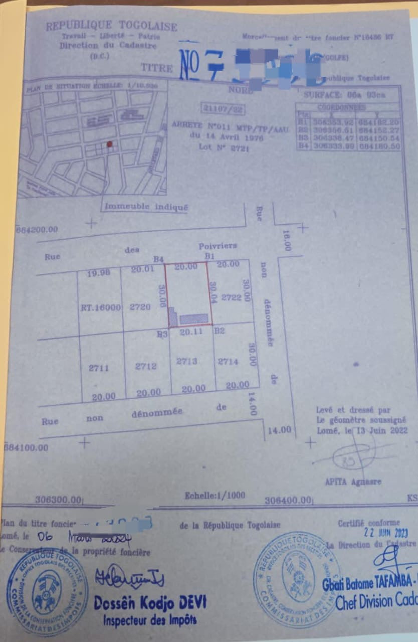 Terrain à vendre à Hédzranawoé – 50 millions FCFA