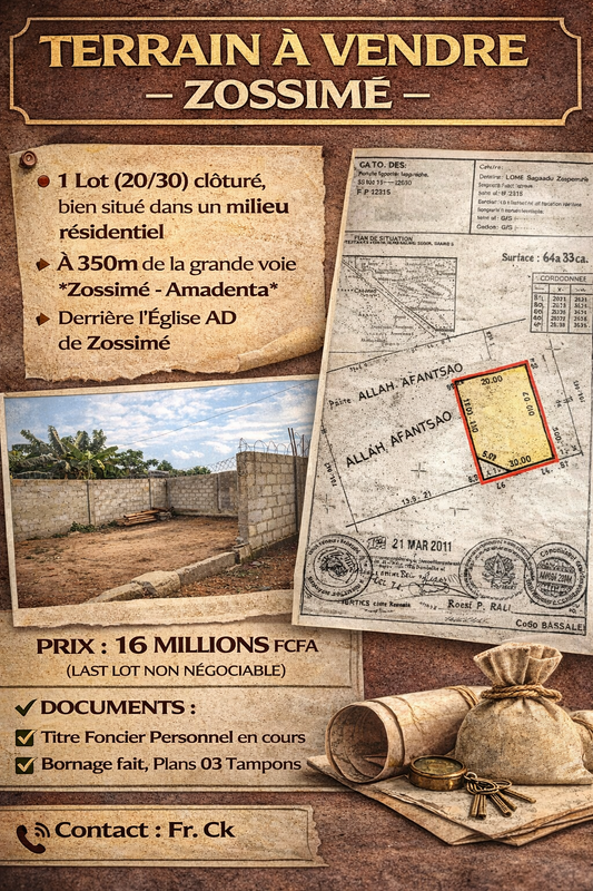 TERRAIN À VENDRE À ZOSSIMÉ