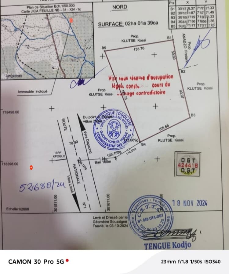 Terrain à vendre à Tsévié – 26 Millions FCFA