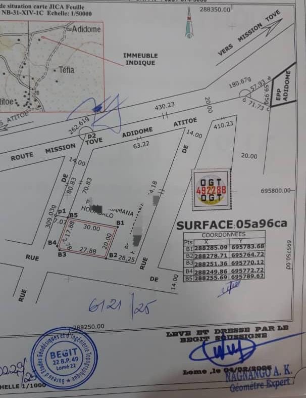 Terrain 1 lot en angle de rue à vendre à Kpala-Adidome – 8 millions FCFA