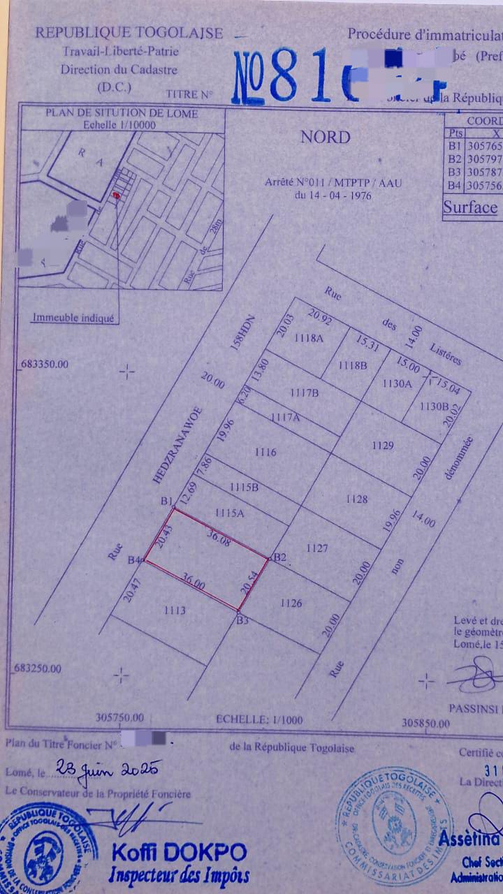 Terrain d'un lot en vente à Hédzranawoé – 75 millions FCFA