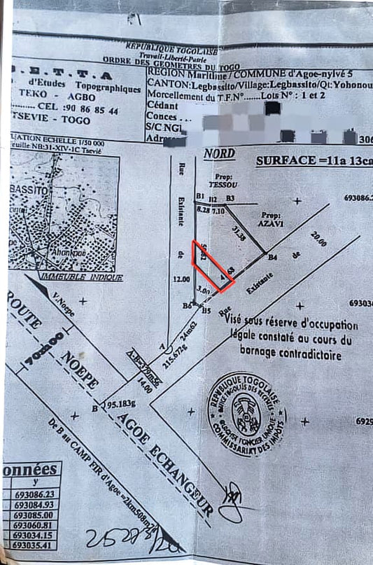 1/4 de lot de 150 m² en vente à Légbassito – 7 millions FCFA
