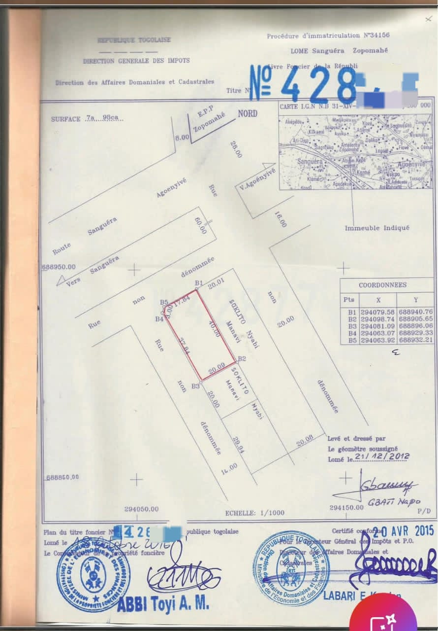 Terrain de 798 m² en angle de rue à Zossimé Zopomahè – 25 millions FCFA