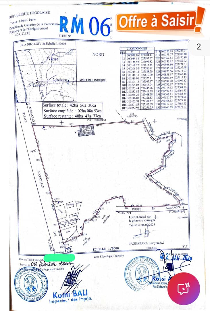 Terrain de plus de 40 hectares en vente à Lilikopé en bordure du goudron – 30 millions FCFA par hectare