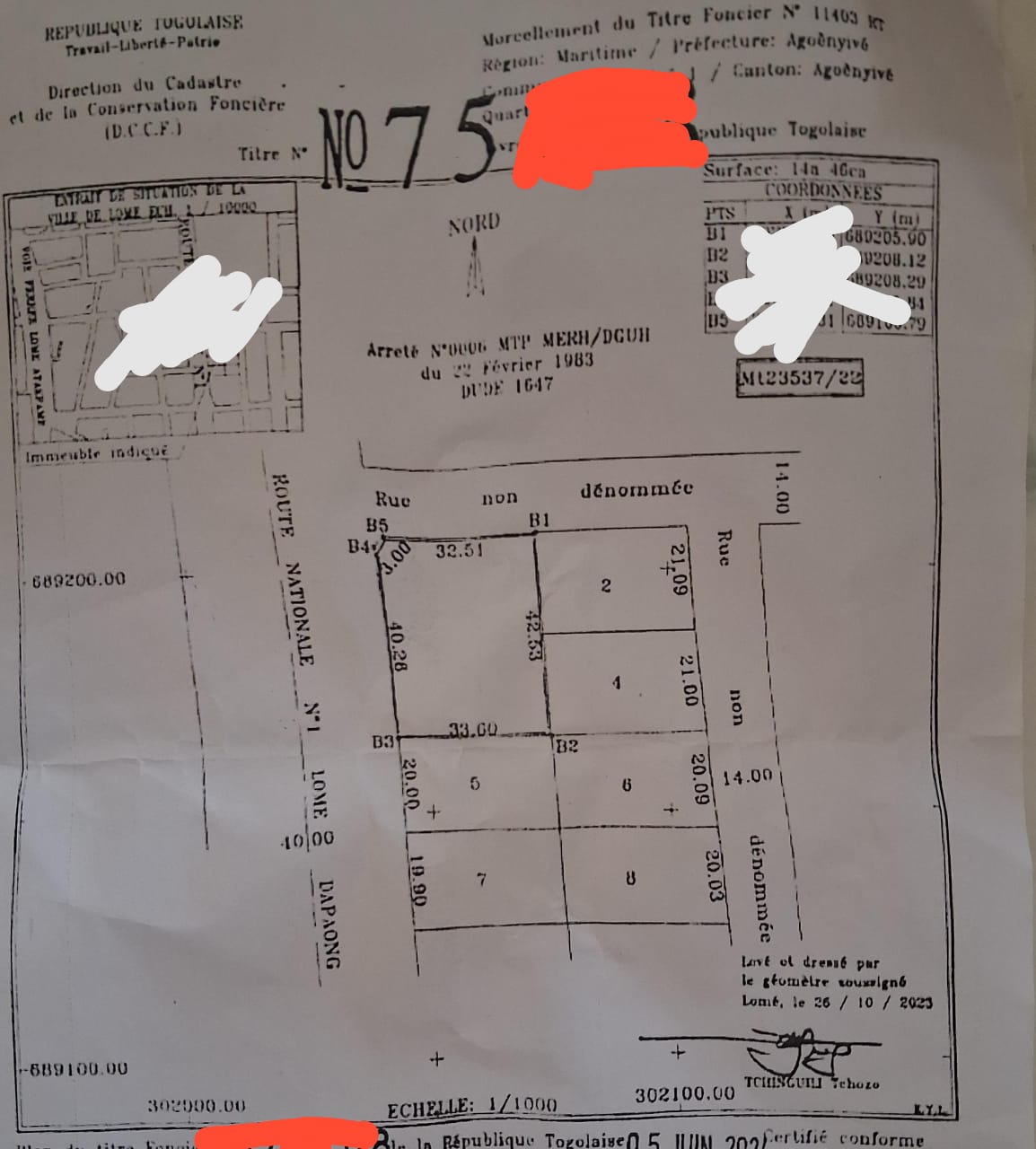 Terrain de 1436 m² en vente en bordure de goudron à Agoè – 370 millions FCFA