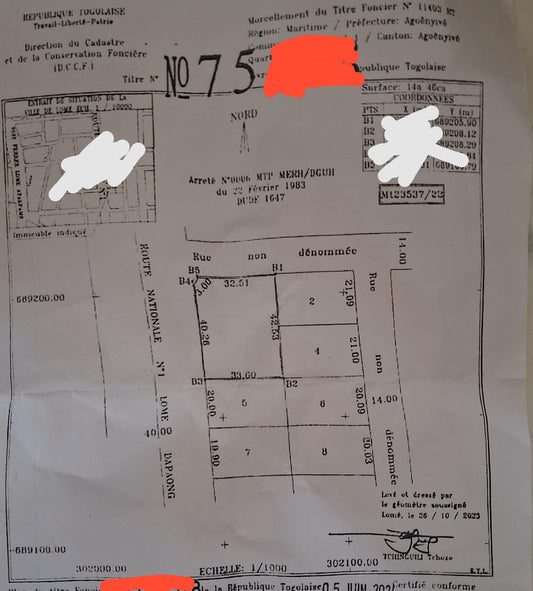 Terrain de 1436 m² en vente en bordure de goudron à Agoè – 370 millions FCFA