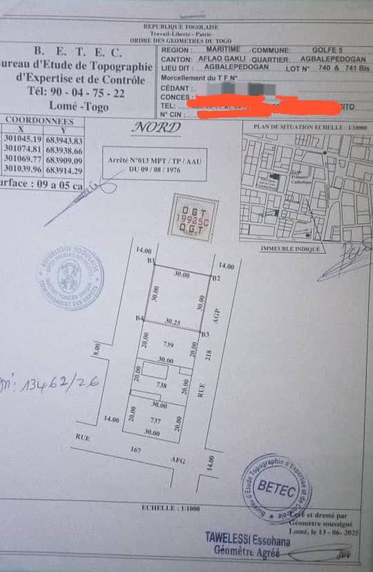 Terrain de 905 m² en vente à Agbalepedogan – 70 millions FCFA