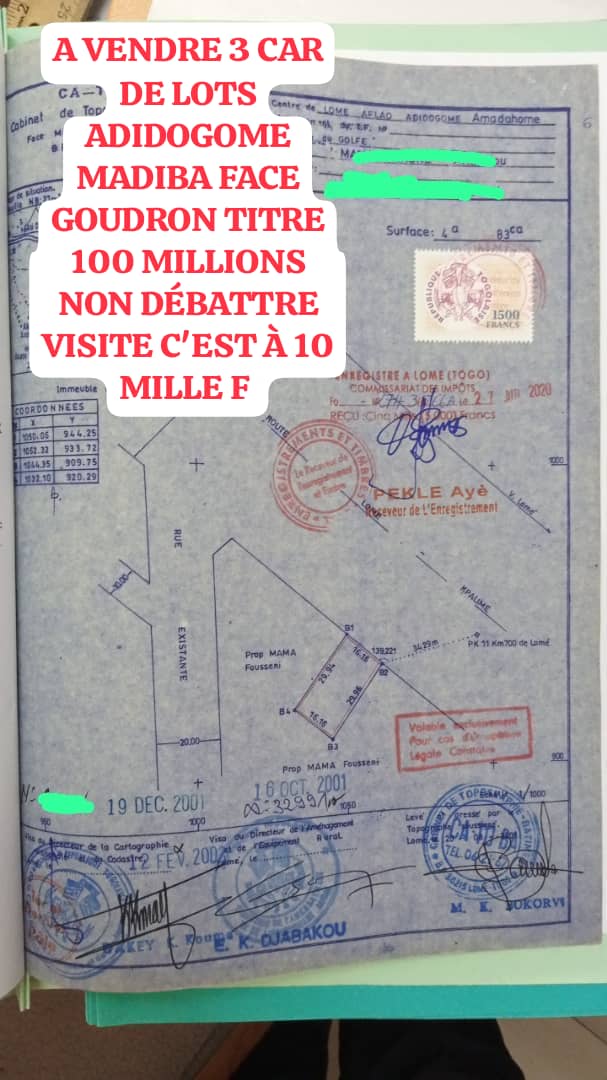Terrain de 3 quarts de lots en vente à Adidogomé Madiba face goudron – 100 millions FCFA