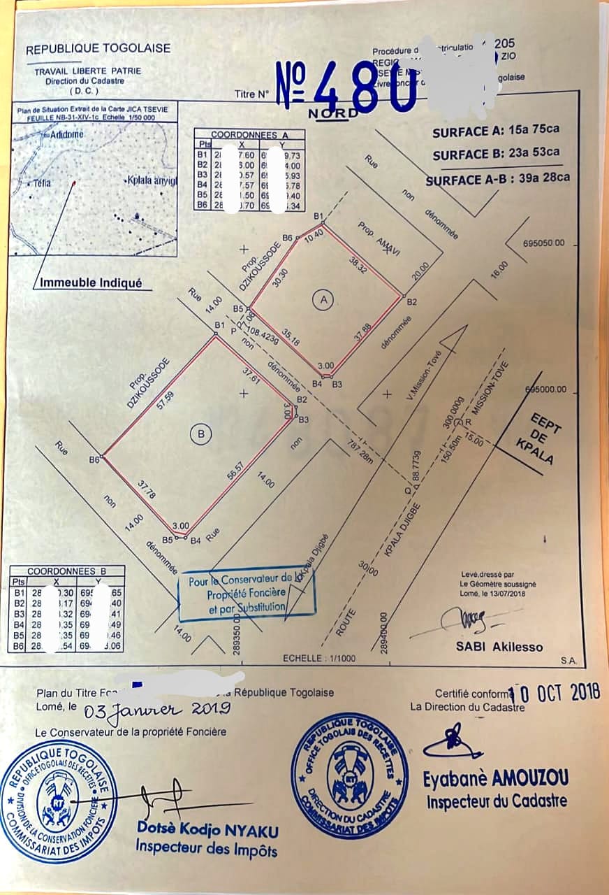 Terrain de 6,5 lots en vente à Kpala Djigbé – 12 millions FCFA le lot