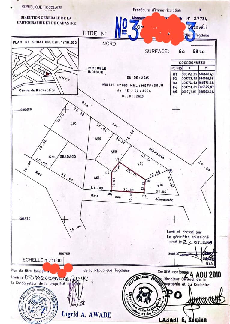 Terrain de 650 m² en vente à Cacavéli – 50 millions FCFA