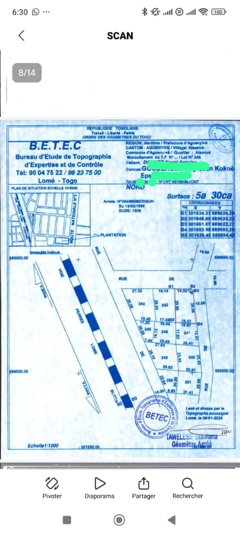 Terrain de 580 m² en vente à Agoè Fil O Parc – 52 millions FCFA
