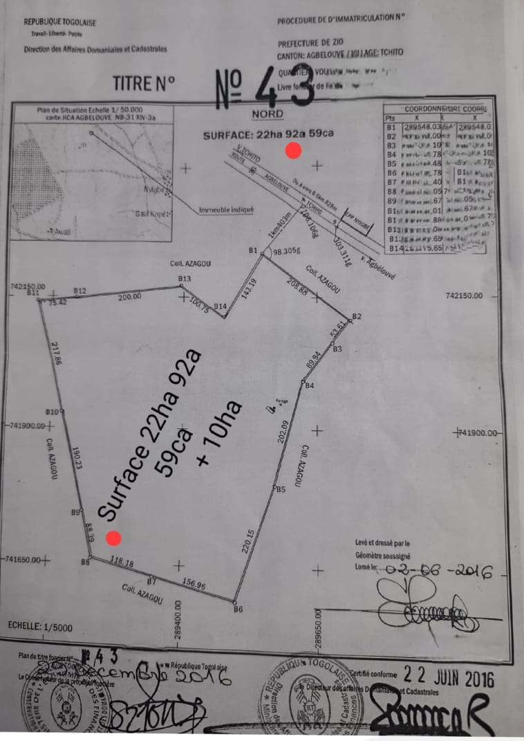 Terrain de 33 hectares 43 ares 88 centiares en vente à Agbelouve Tchito – 3,5 millions FCFA l'unité