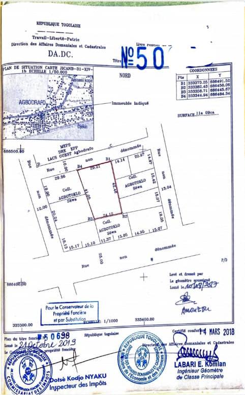 Terrain de 1109 m² en vente à Agbodrafo – 13 millions FCFA le lot