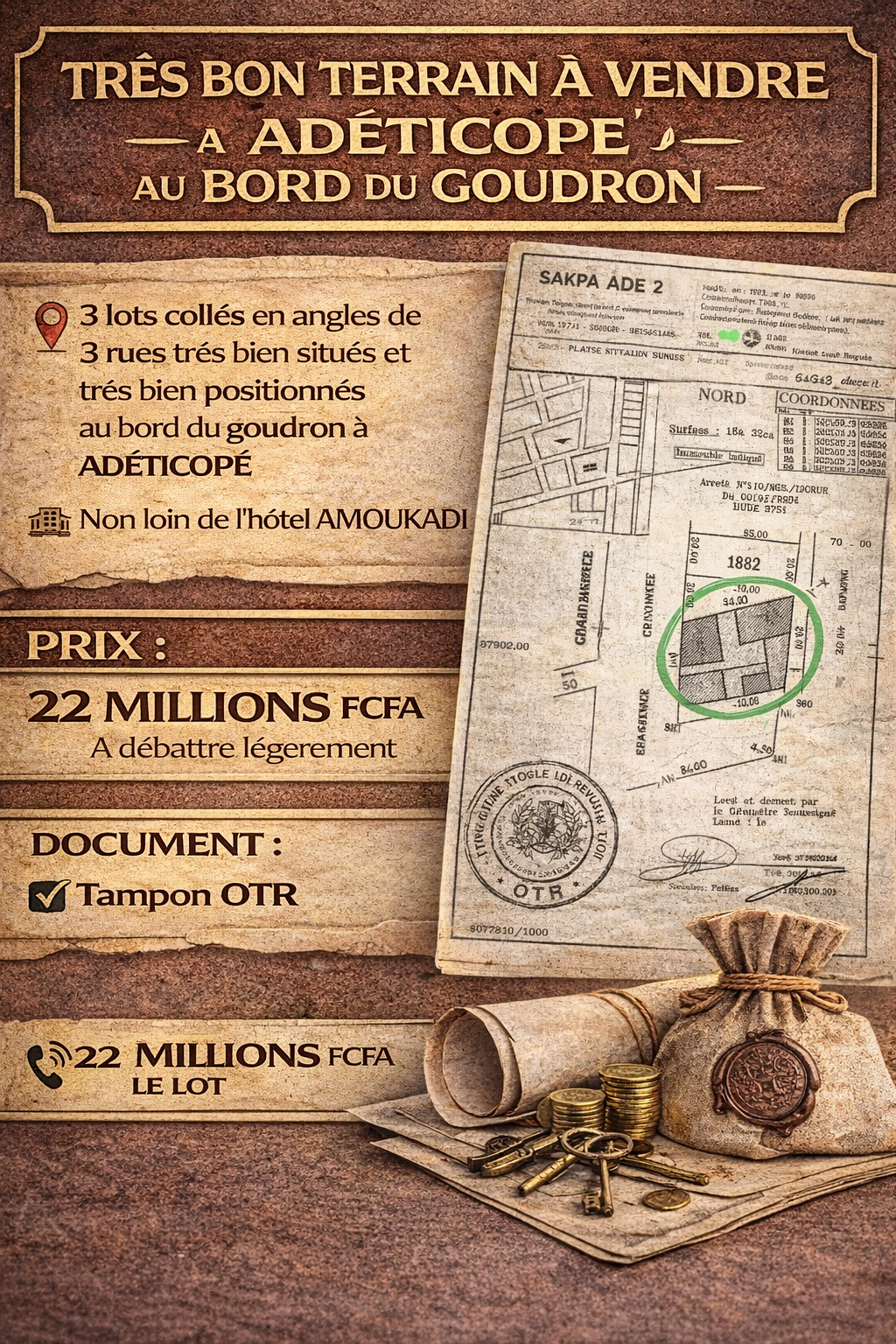 TRÈS BON TERRAIN À VENDRE À ADÉTICOPÉ AU BORD DU GOUDRON