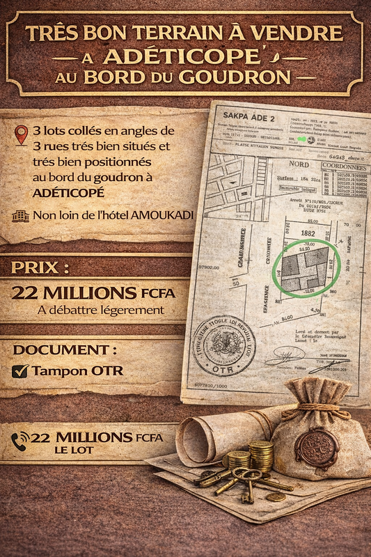 TRÈS BON TERRAIN À VENDRE À ADÉTICOPÉ AU BORD DU GOUDRON