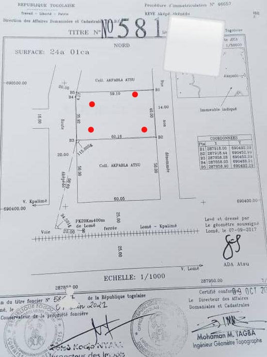 Terrain de 2401 m² en vente à Zanguera Akepedo – 22 millions FCFA le lot