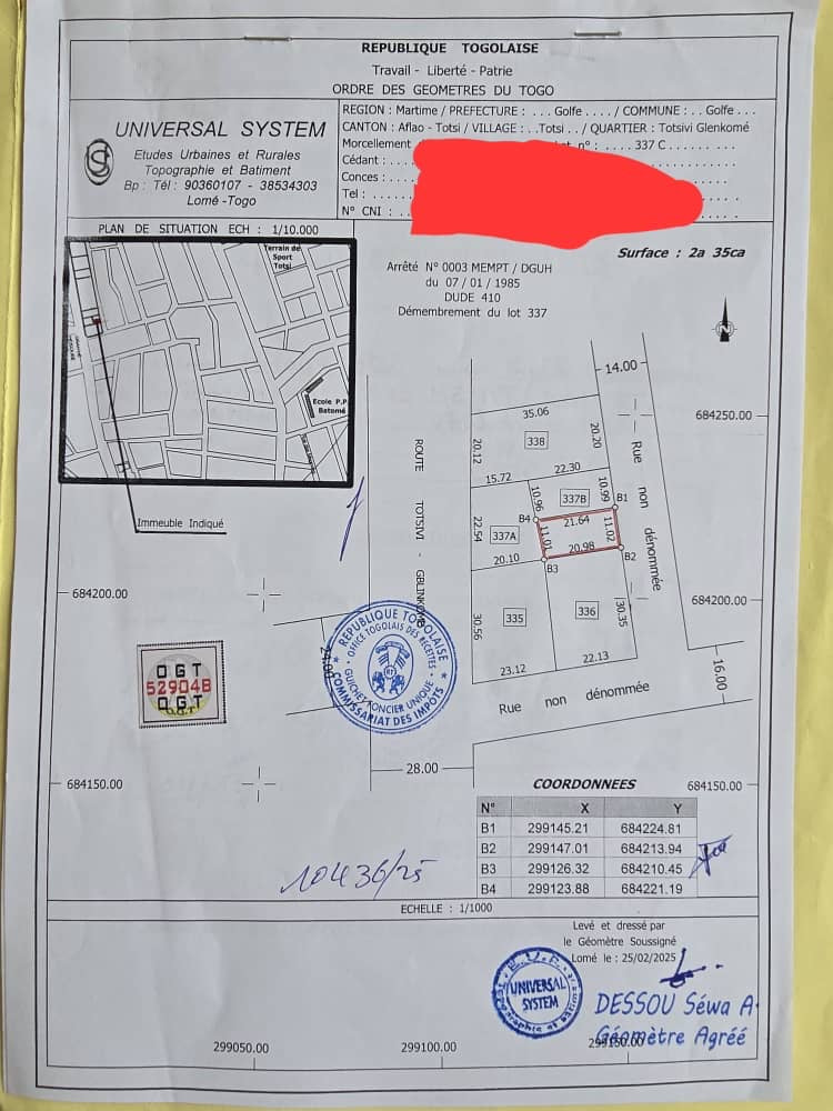 TERRAIN DE 235 M² À VENDRE À ADIDOGOMÉ GBLINKOMÉ – 25 MILLIONS – PROCHE ÉGLISE TÉMOINS DE JÉHOVAH – TAMPOON OTR