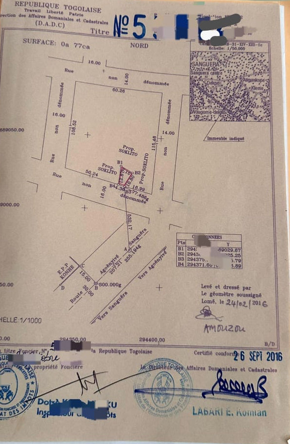 Terrain en vente à Zanguera Zopomahé avec Titre Foncier – 3 500 000 FCFA