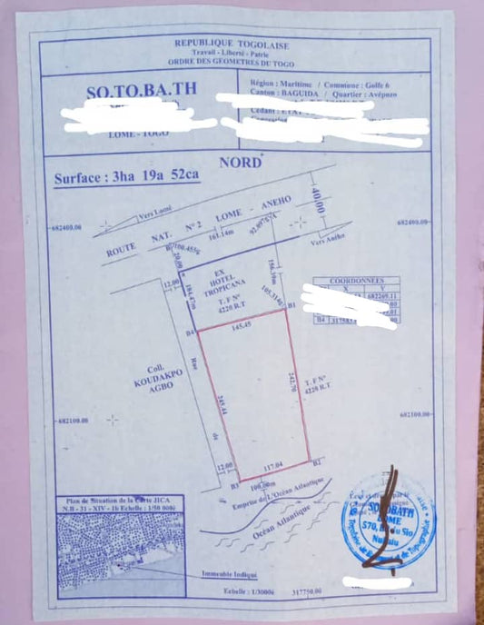 TERRAIN À VENDRE – 96 LOTS - AVÉPOZO, CÔTÉ PLAGE À 20 MÈTRES DU GOUDRON