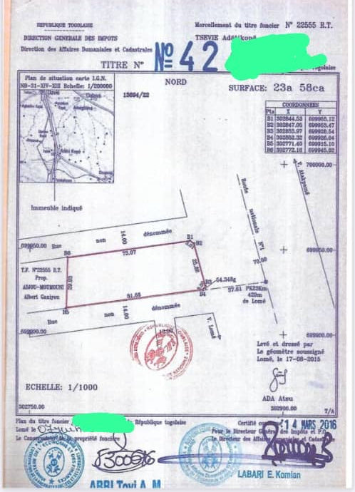 Terrain de 2358 m² en vente en bordure de goudron à Adétikopé – 50 millions FCFA le lot