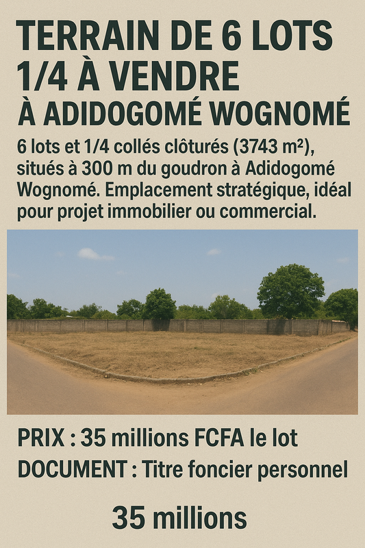 TERRAIN DE 6 LOTS 1/4 À VENDRE À ADIDOGOMÉ WOGNOMÉ – 3743M², OUVERT SUR 2 VOIES