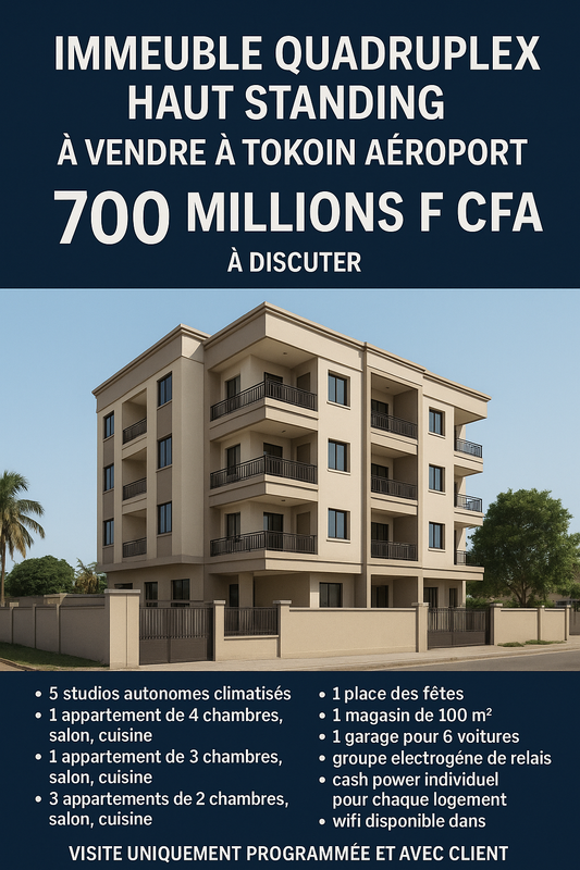IMMEUBLE QUADRUPLEX DE 21 PIÈCES À VENDRE À TOKOIN AÉROPORT – 600 m² – 700 MILLIONS
